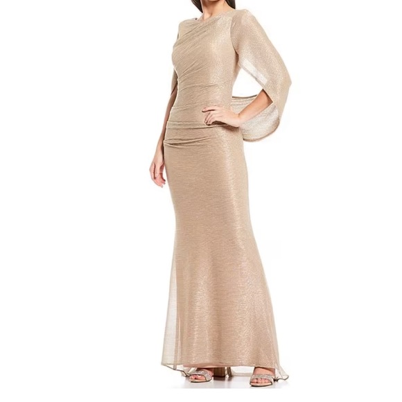 Betsy Adam Gold Drape Back Detail Sleeve Round Neck Metallic Crinkle Ruched Gown - Picture 5 of 9